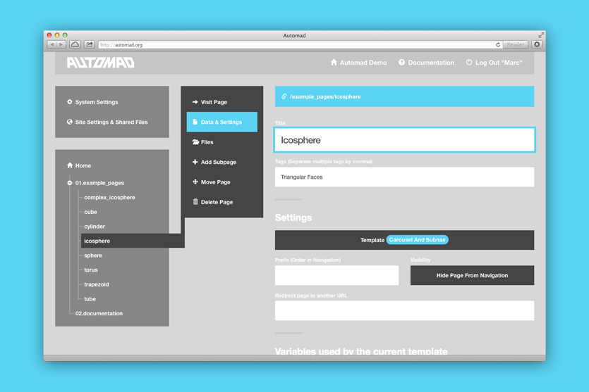 The Automad interface