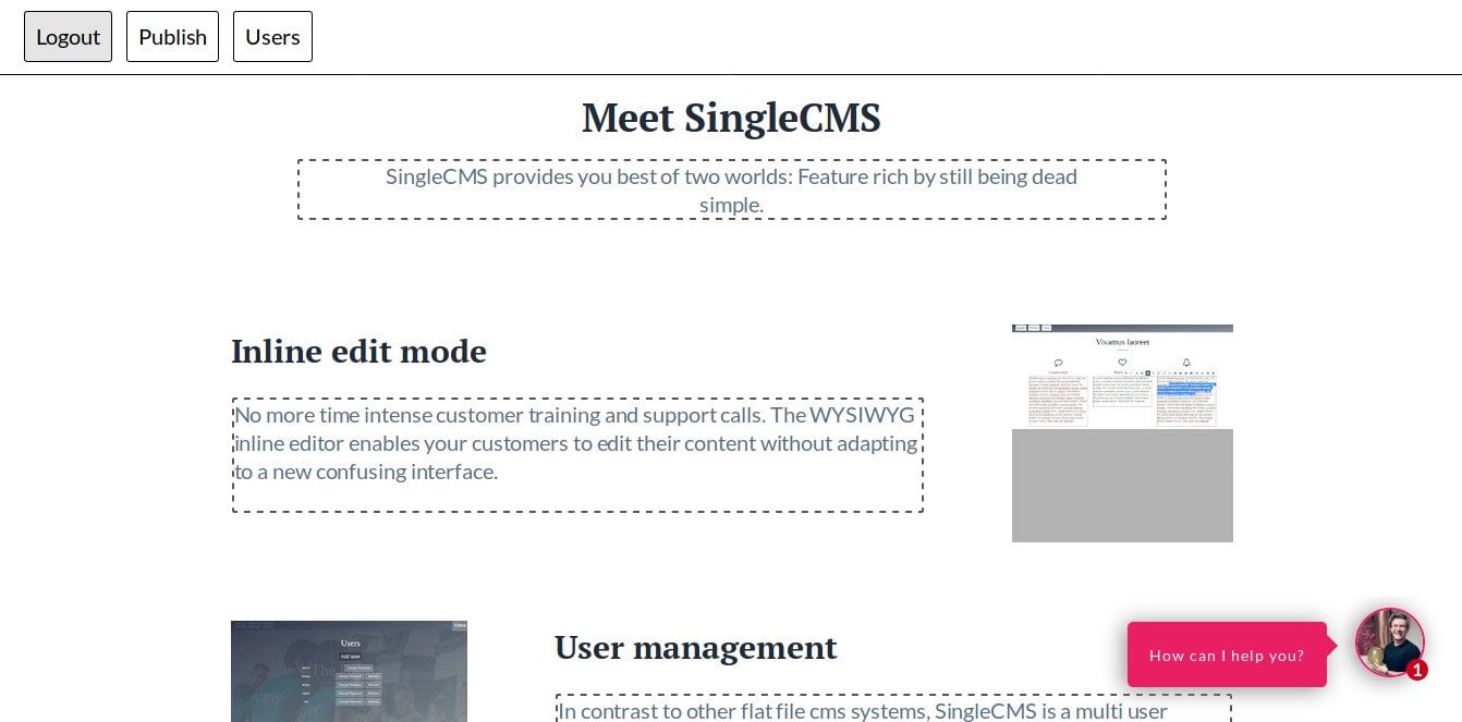 A screenshot of the SingleCMS interface