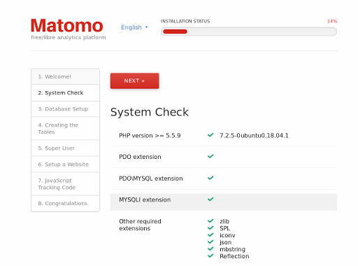 Matomo VPS installation: The system check
