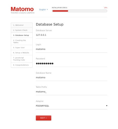 Matomo VPS installation: Setting up the database
