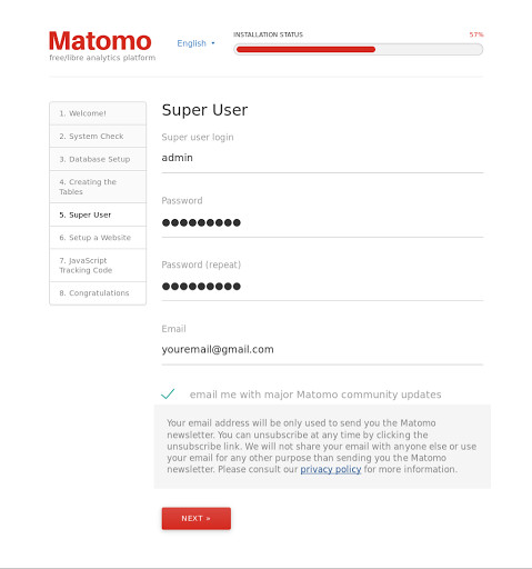 Matomo VPS installation: Creating the super user