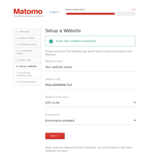 Matomo VPS installation: Setting up the first website