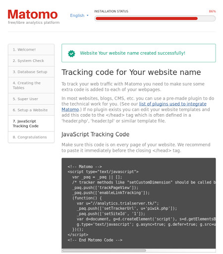 Matomo VPS installation: Creating the JS tracking code