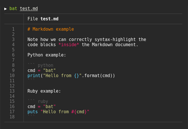 Terminal tool: An example of how bat handles a .md file