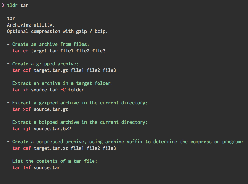 Terminal tool: the tldr output for tar