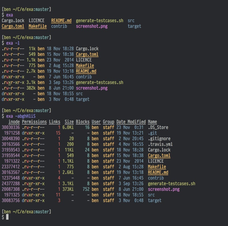 Terminal tool: examples of the output of exa