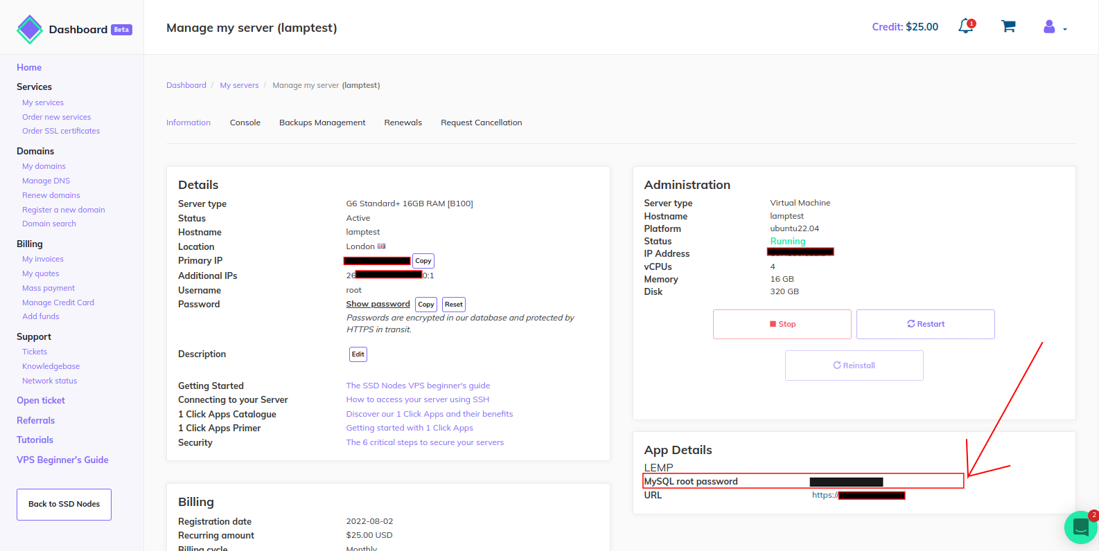 mysql root password on SSDNodes Dashboard