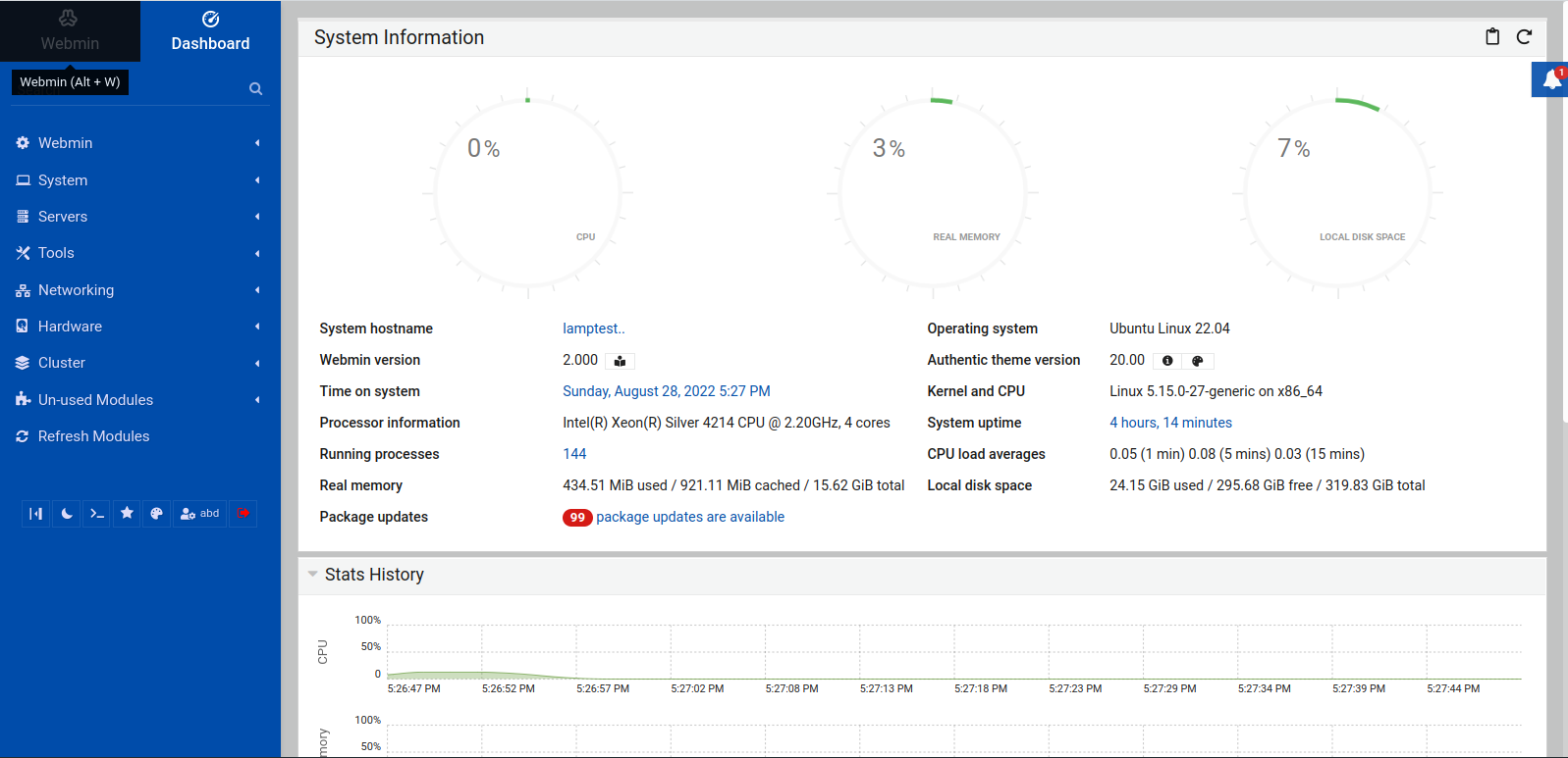 install webmin on ubuntu 22.04: Webmin Dashboard