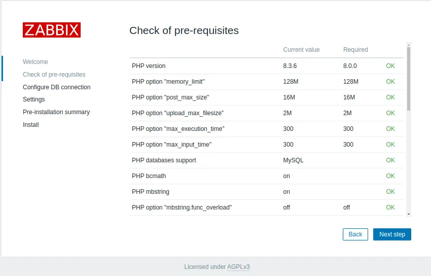 Zabbix Prerequisites Screen