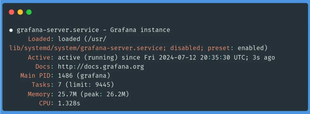 Grafana status after installation on Ubuntu