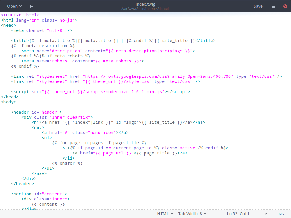 The Pico CMS interface