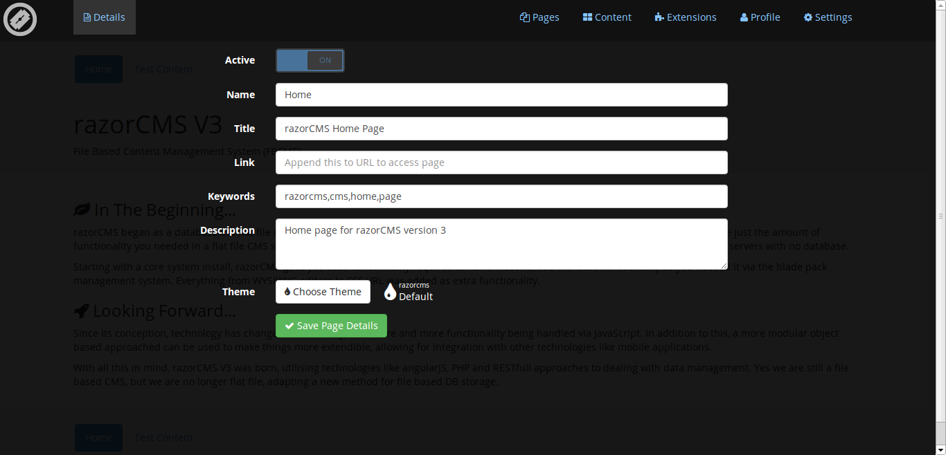 The razorCMS interface