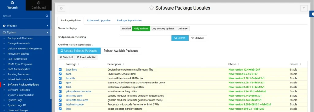 Updating Packages on Webmin
