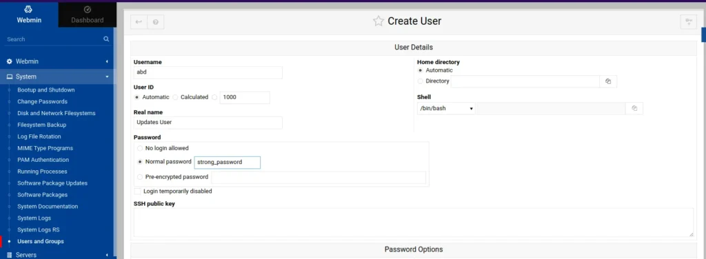 Creating a Unix User on Webmin