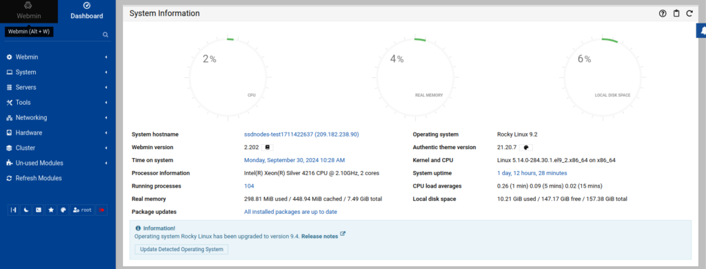 Webmin Dashboard on Rocky Linux