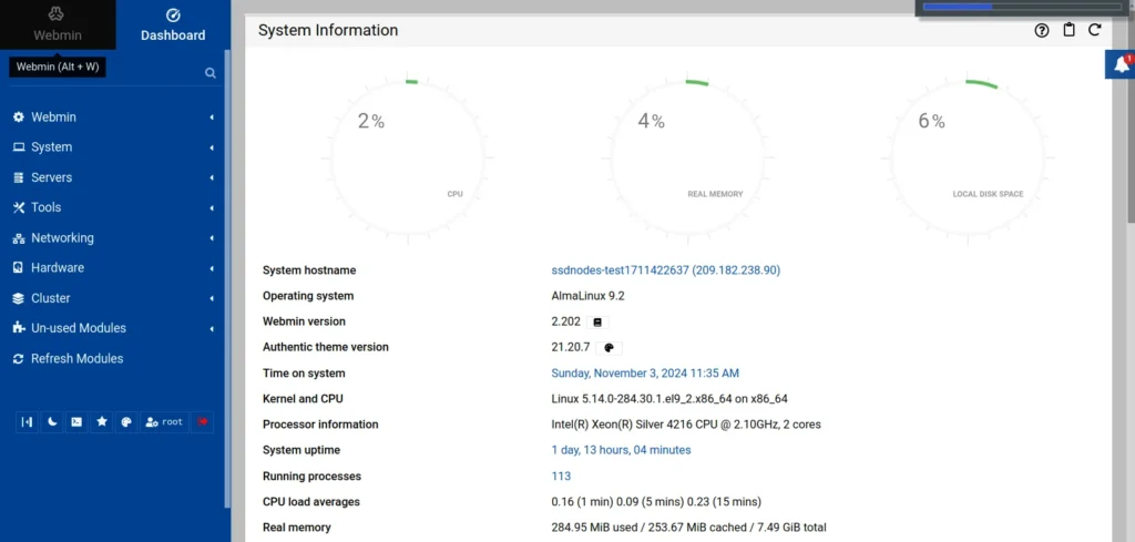 Webmin Dashboard AlmaLinux