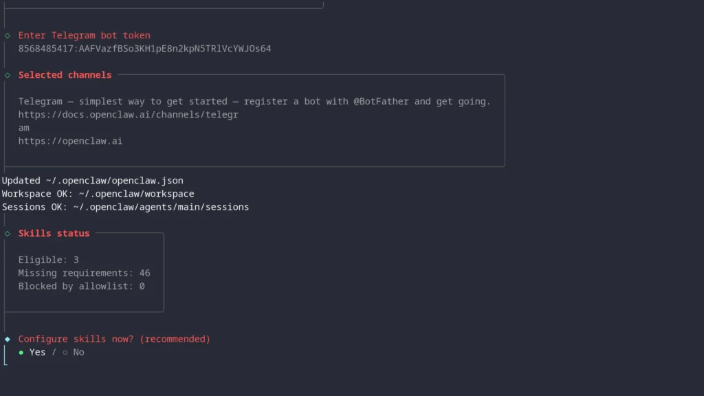 Openclaw telegram token entered