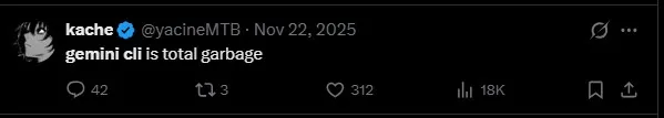 Critical developer tweet calling Gemini CLI total garbage with 312 likes representing the contrarian perspective