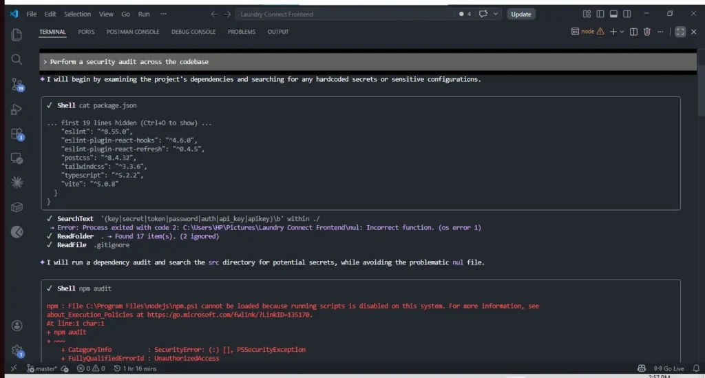Gemini CLI running a full codebase security audit in VS Code terminal scanning package.json and dependencies