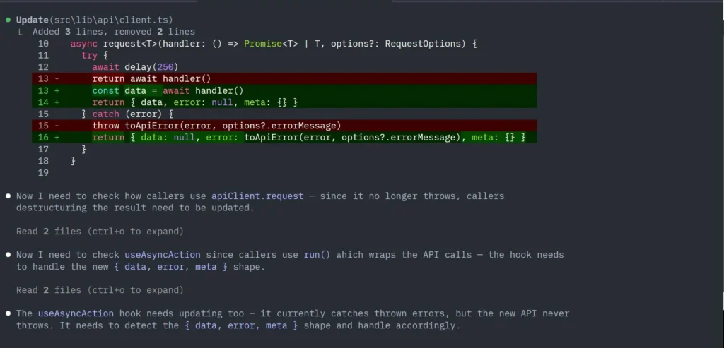 Claude Code implementing the data error meta envelope pattern in client.ts with diff view showing added lines