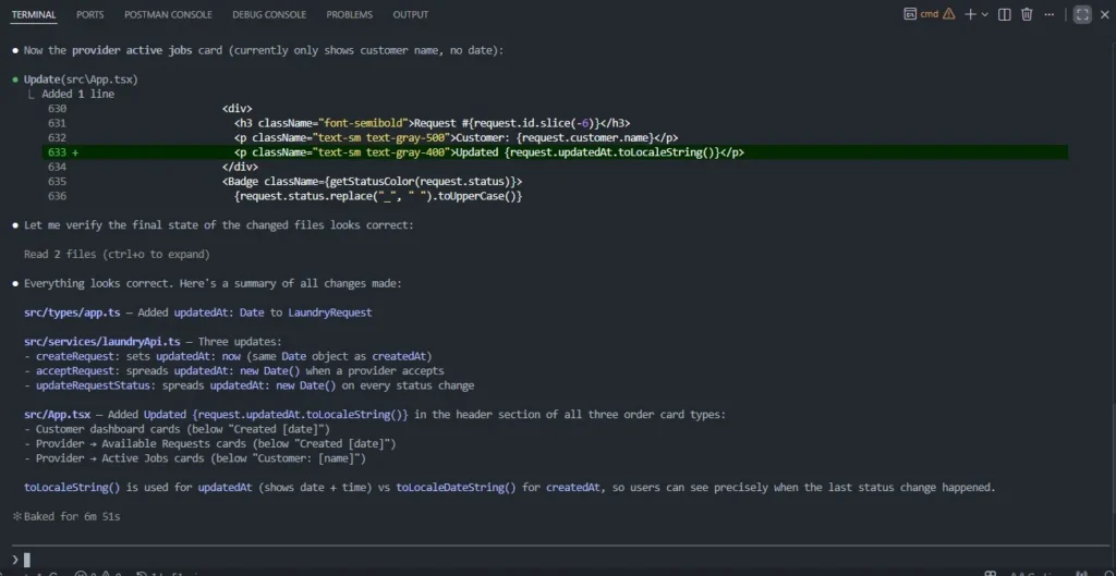 Claude Code summary of coordinated edits across types, services, and App.tsx files with toLocaleString formatting