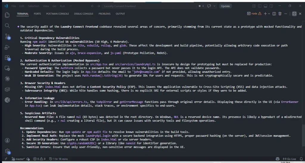 Gemini CLI complete security audit report covering dependency vulnerabilities, authentication, CSP headers, and information leakage