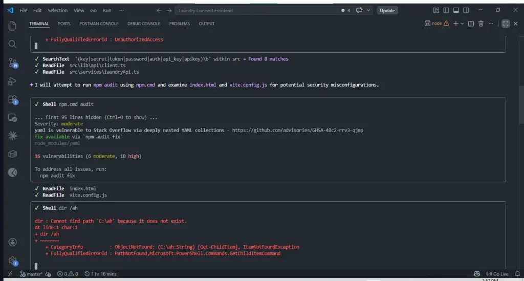 Gemini CLI recovering from a Windows PowerShell execution policy error by switching to npm.cmd during security audit