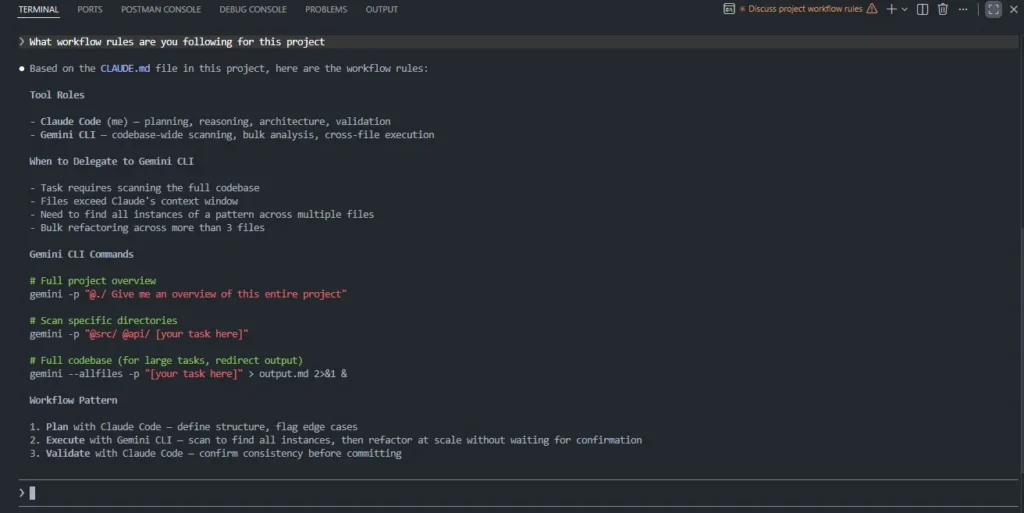 Claude Code reading back the CLAUDE.md project workflow rules including tool roles and delegation triggers
