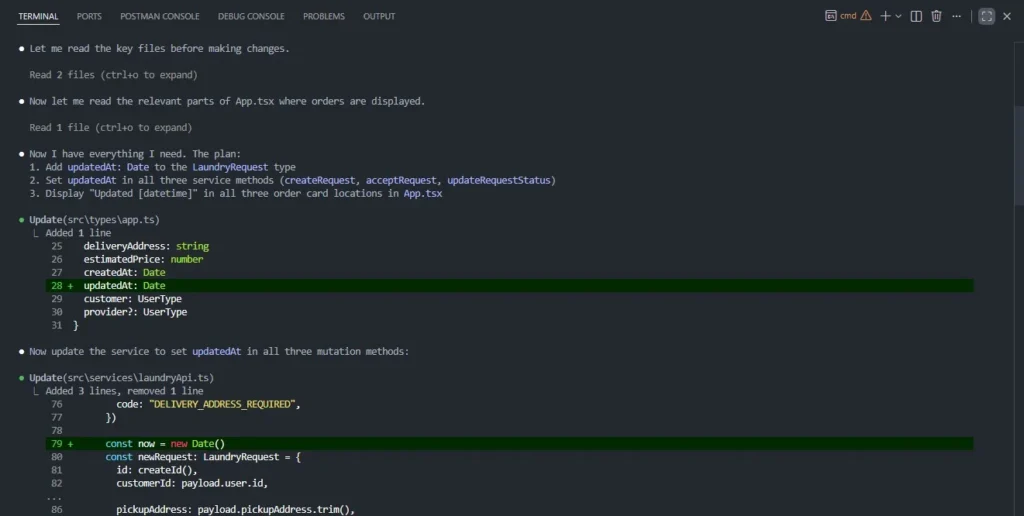 Claude Code terminal output reading TypeScript files and planning a cross-system updatedAt timestamp feature