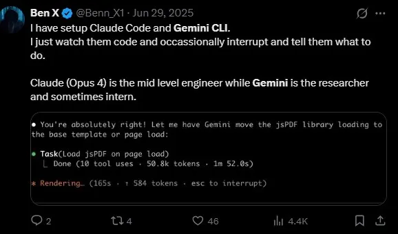 Ben X tweet positioning Claude Opus as a mid-level engineer and Gemini CLI as the researcher and intern