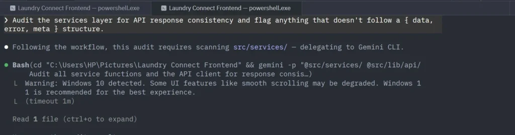 Claude Code delegating an API services audit task to Gemini CLI through a coordinated CLAUDE.md workflow