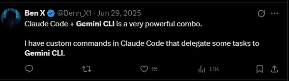 Developer Ben X tweet describing Claude Code and Gemini CLI as a powerful combo with custom delegation commands