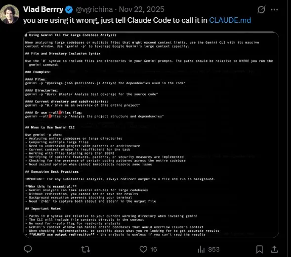 Vlad Berry tweet sharing a CLAUDE.md configuration template for delegating large codebase analysis to Gemini CLI