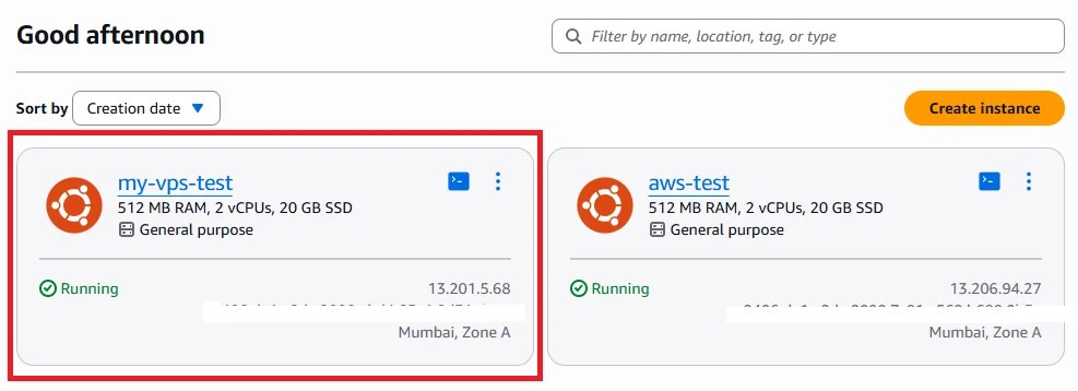 Amazon Light Sail VPS Instance List